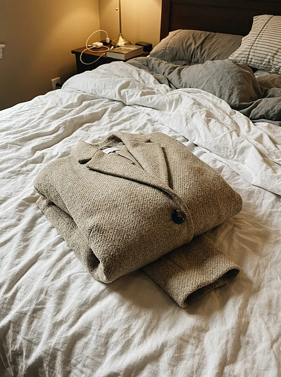 An ordinary phone photo of an oatmeal wool blazer on a bed