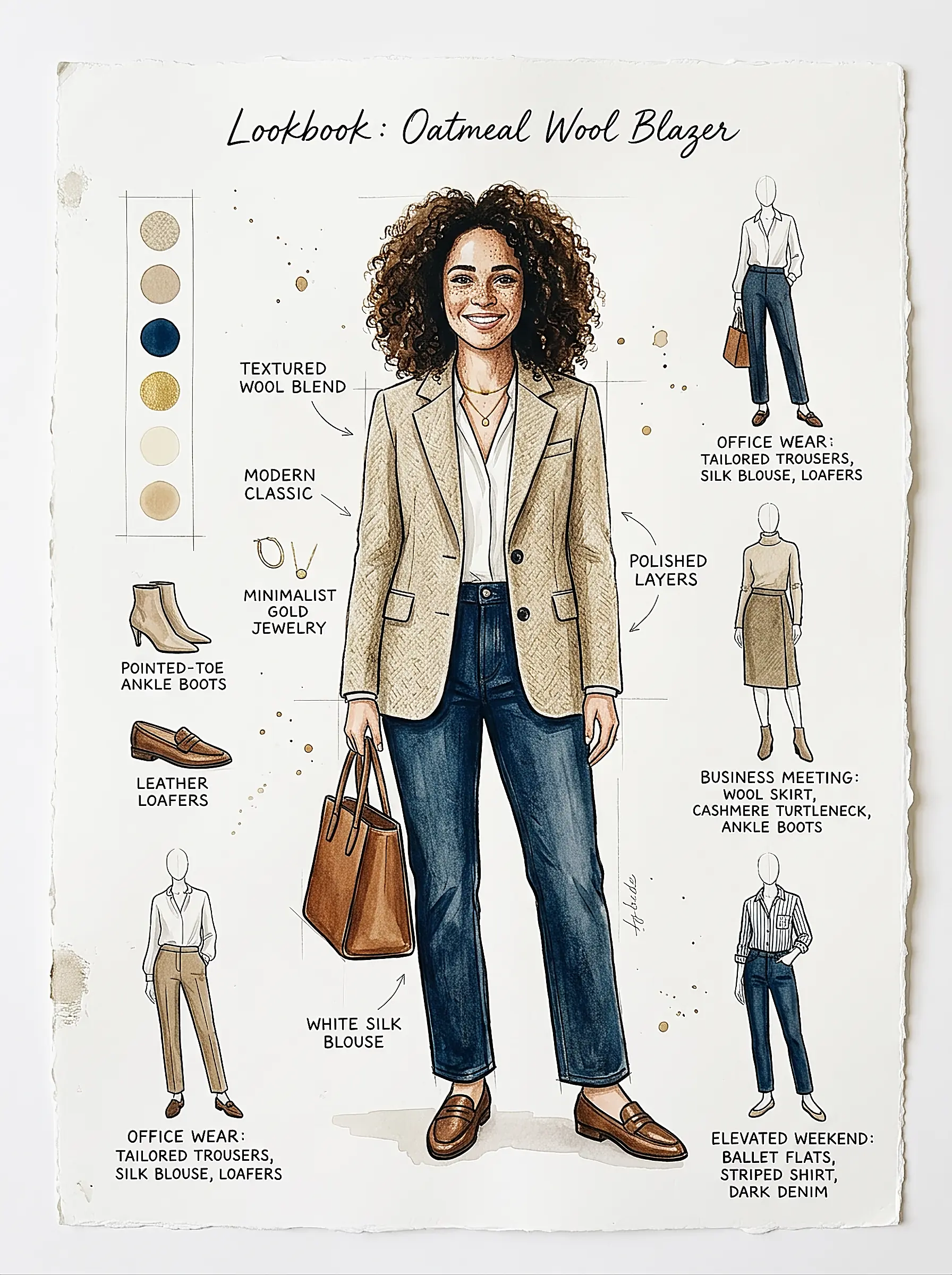 AI-generated lookbook for an oatmeal wool blazer: colour palette, accessories and four outfit combinations